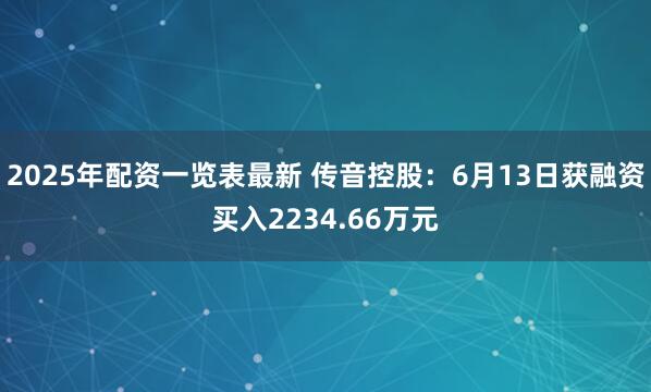 2025年配资一览表最新 传音控股：6月13日获融资买入2234.66万元